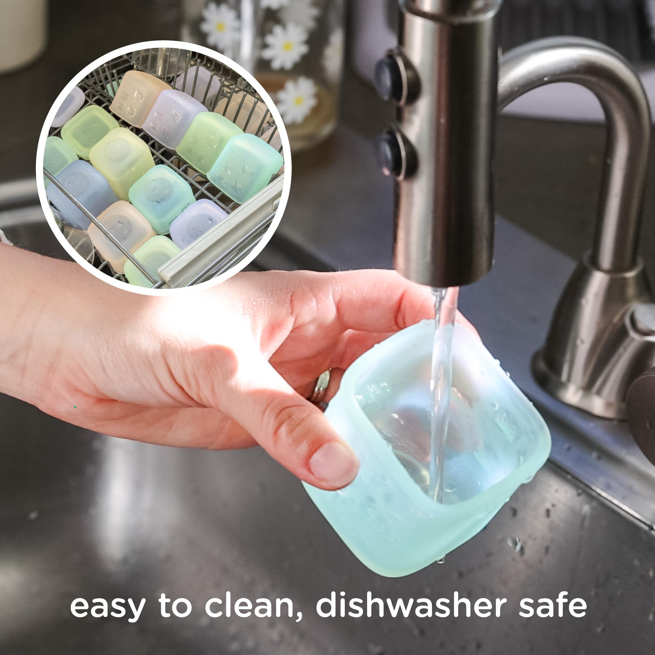 Olababy Clear Sense stackable design saving kitchen and freezer space.