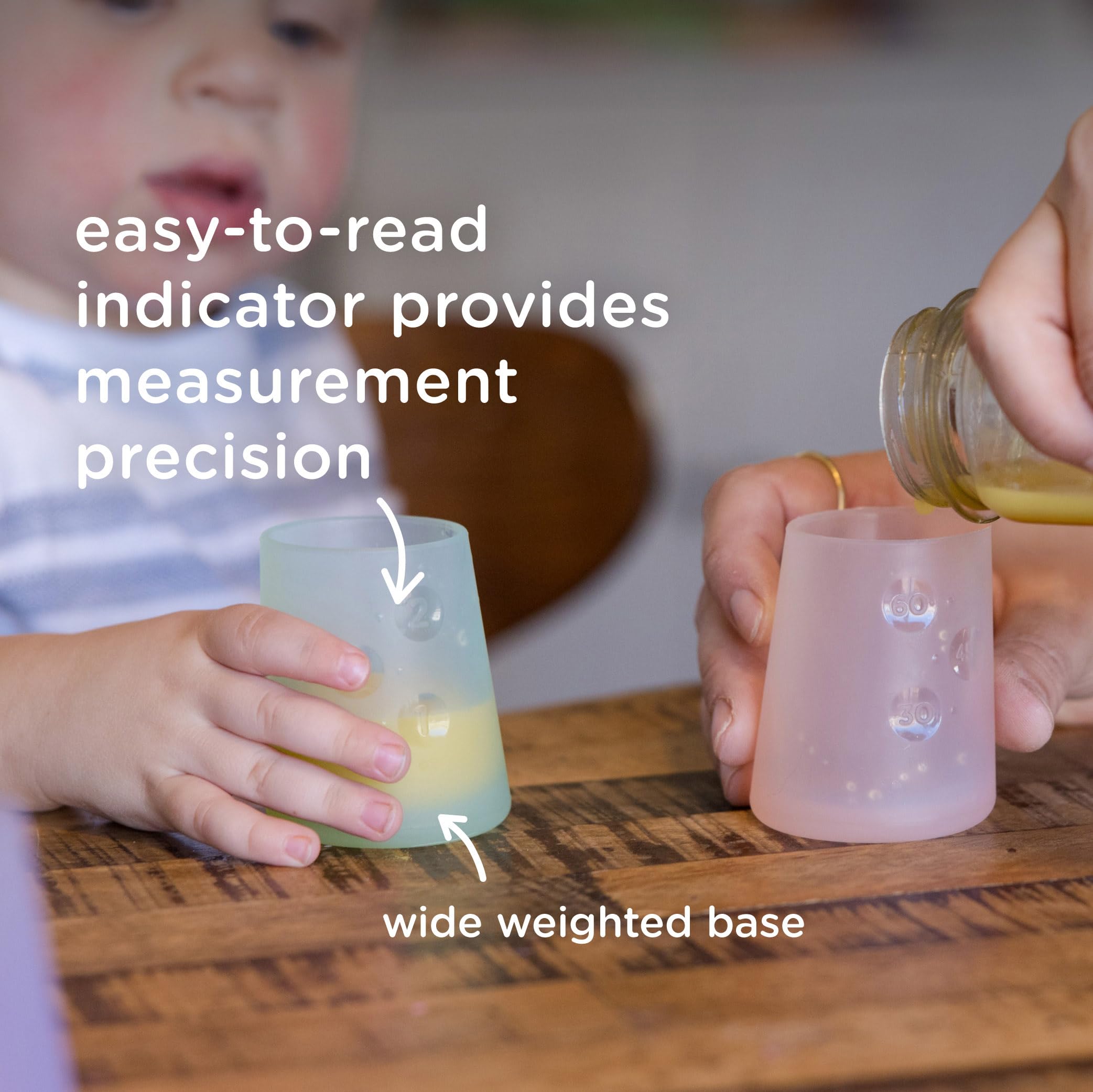 Olababy First Cup see-through indicator aids measuring intake.