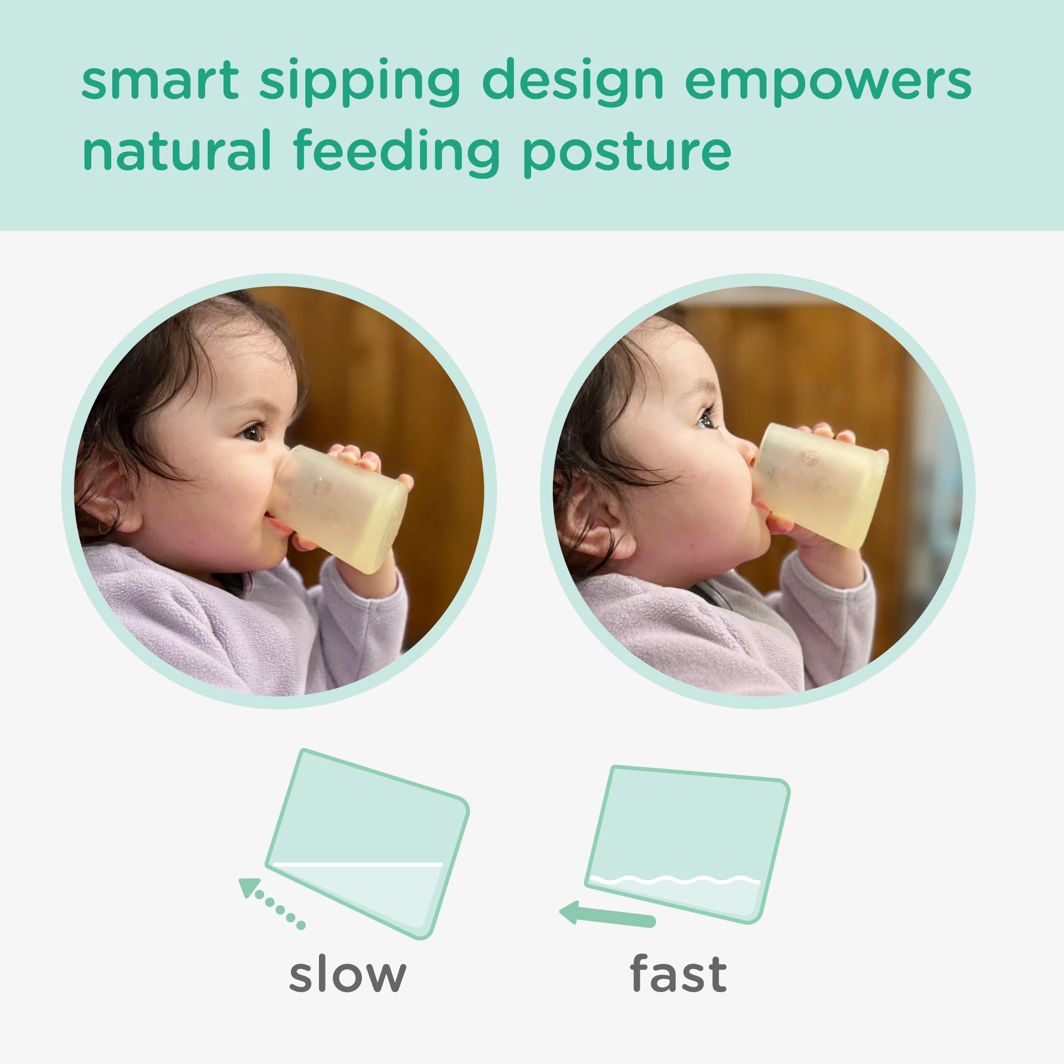 Olababy First Cup wide weighted base reduces spills during practice.