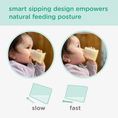 Olababy First Cup wide weighted base reduces spills during practice.