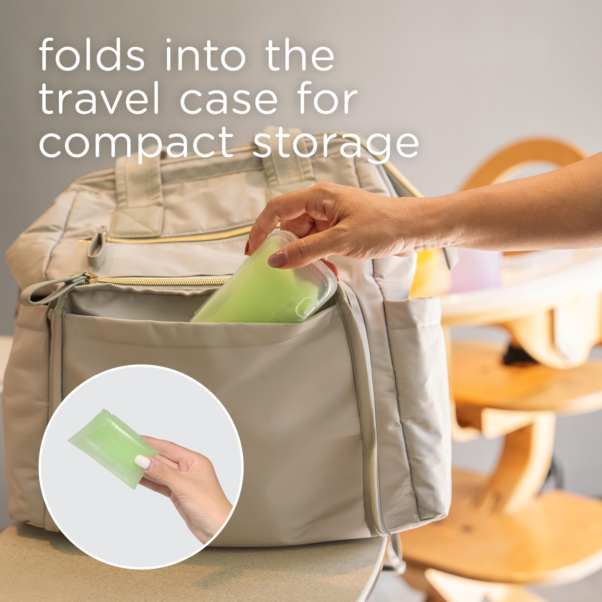 Olababy Fold N Go bib in use with travel case during travel