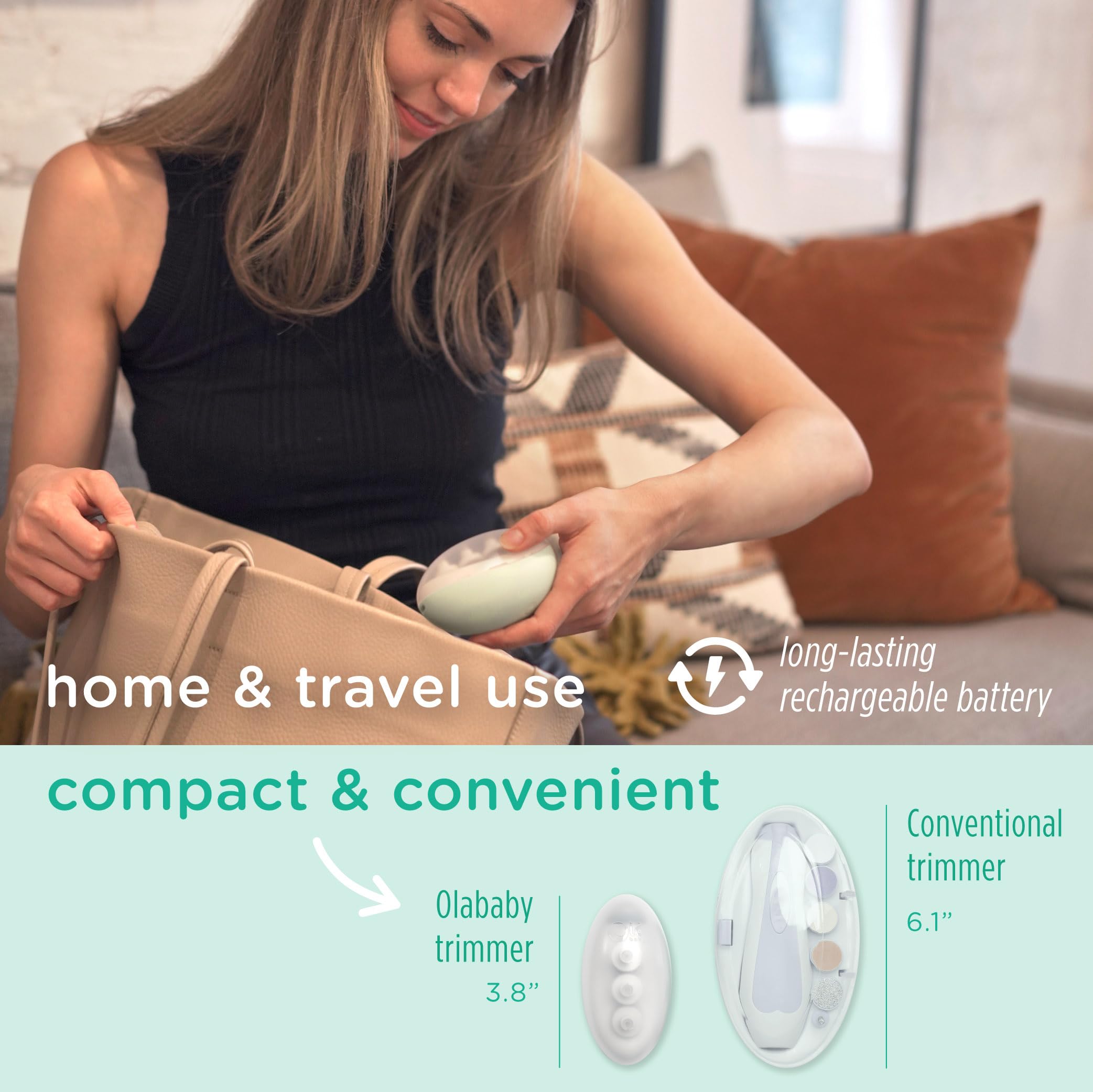 Olababy rechargeable nail trimmer with quiet motor supports gentle grooming during naps.