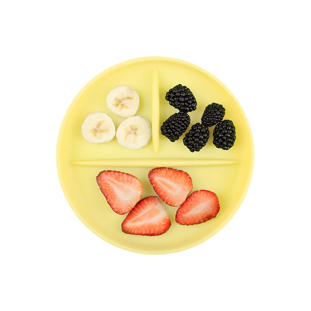 Olababy suction plate shows patented divider walls separating foods for easy cleaning.
