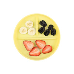 Olababy suction plate shows patented divider walls separating foods for easy cleaning.