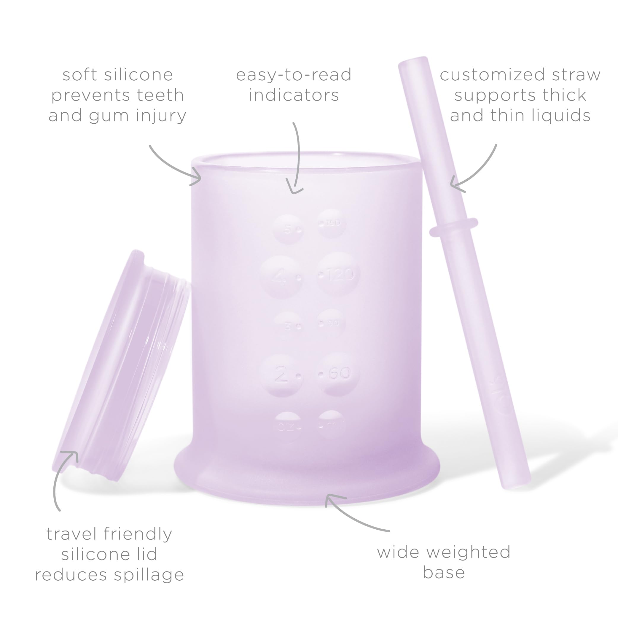 Olababy Lilac cup with straw shows on-the-go hydration with straw lid.