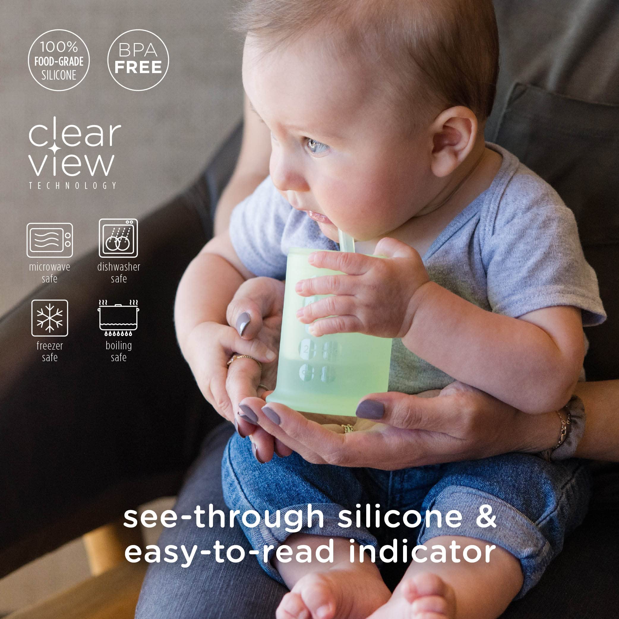 Olababy silicone training cup with weighted base reduces spills during meals.