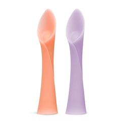 Olababy soft-tip training spoon showing coral and lilac pack for easy self-feeding.