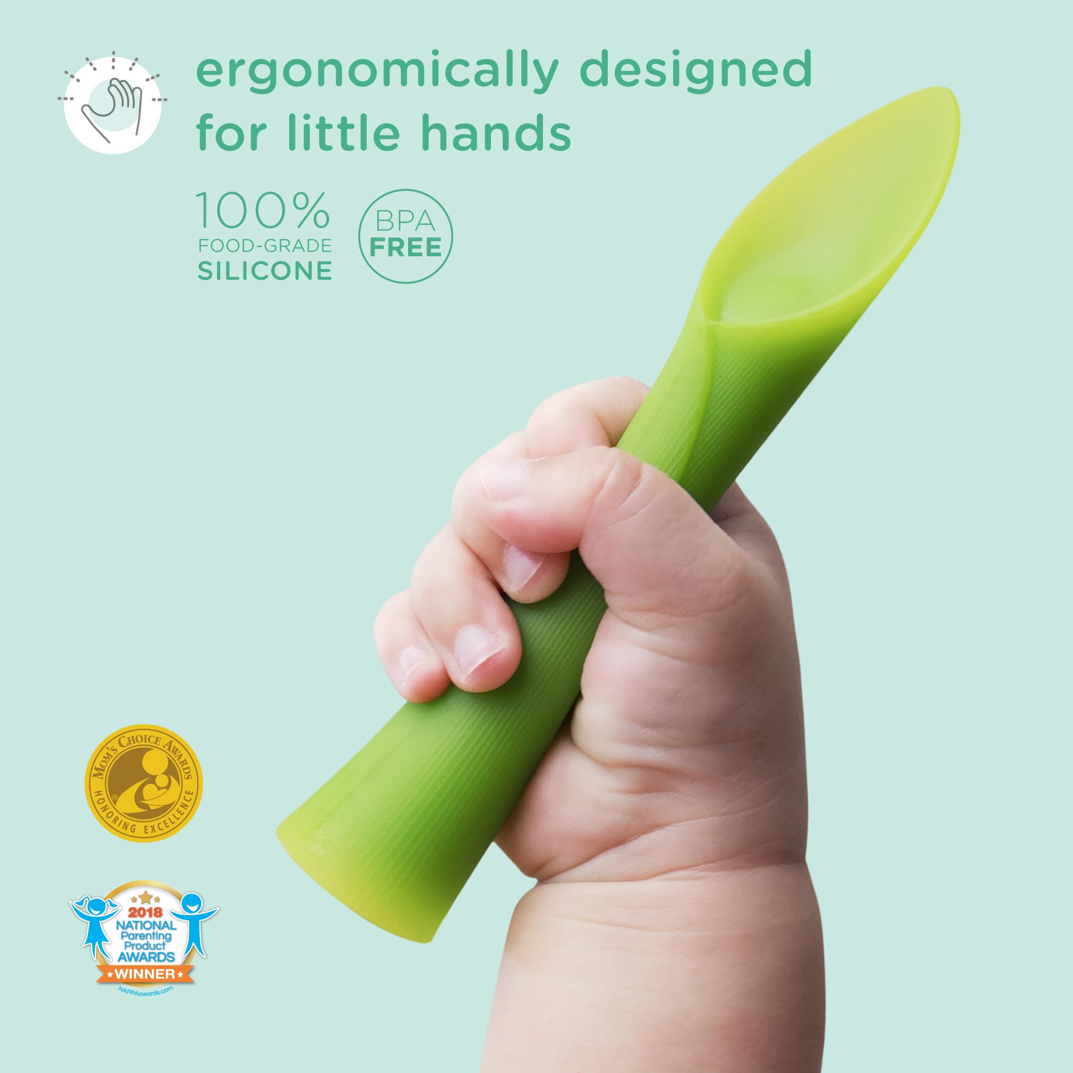 Olababy soft-tip training spoon lilac closeup showing flexible silicone tip for easy scooping
