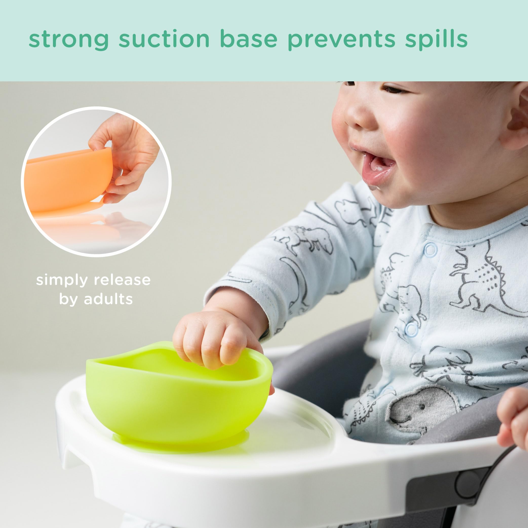 Olababy suction base on table keeps meals steady during toddler feeding.