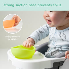 Olababy suction base on table keeps meals steady during toddler feeding.