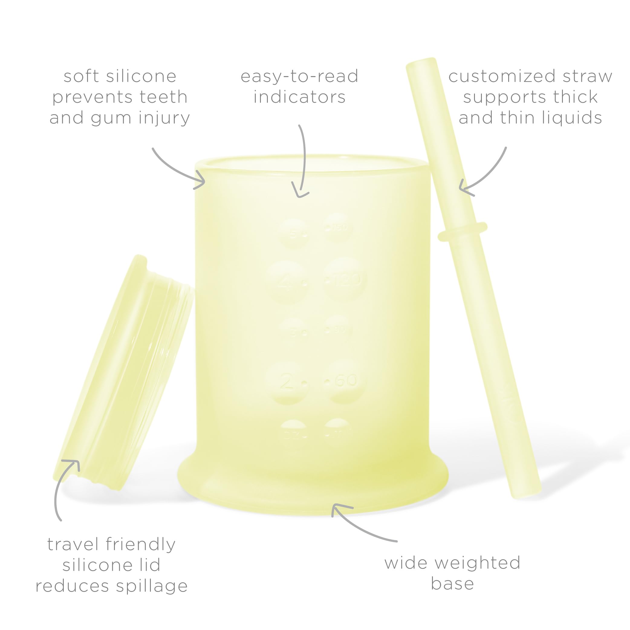 Olababy training cup see-through silicone shows liquid level for easy portion control.