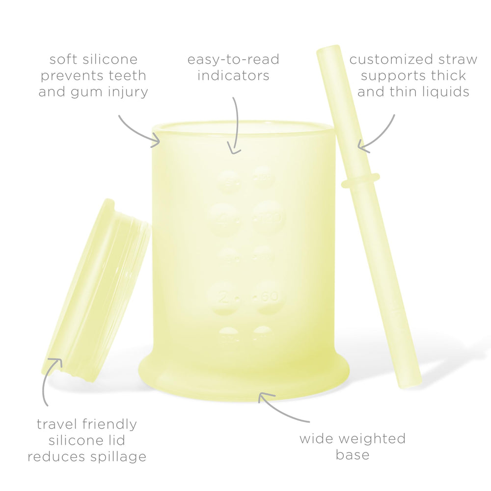 Olababy training cup see-through silicone shows liquid level for easy portion control.