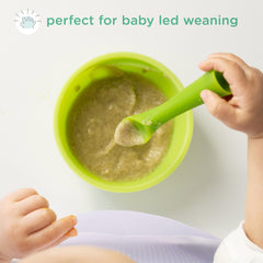 Olababy spoon angle scoop feature helps with reaching foods at awkward angles