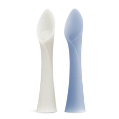 Olababy Pearl-Blueberry soft-tip spoon closeup showing gentle silicone for baby's gums.