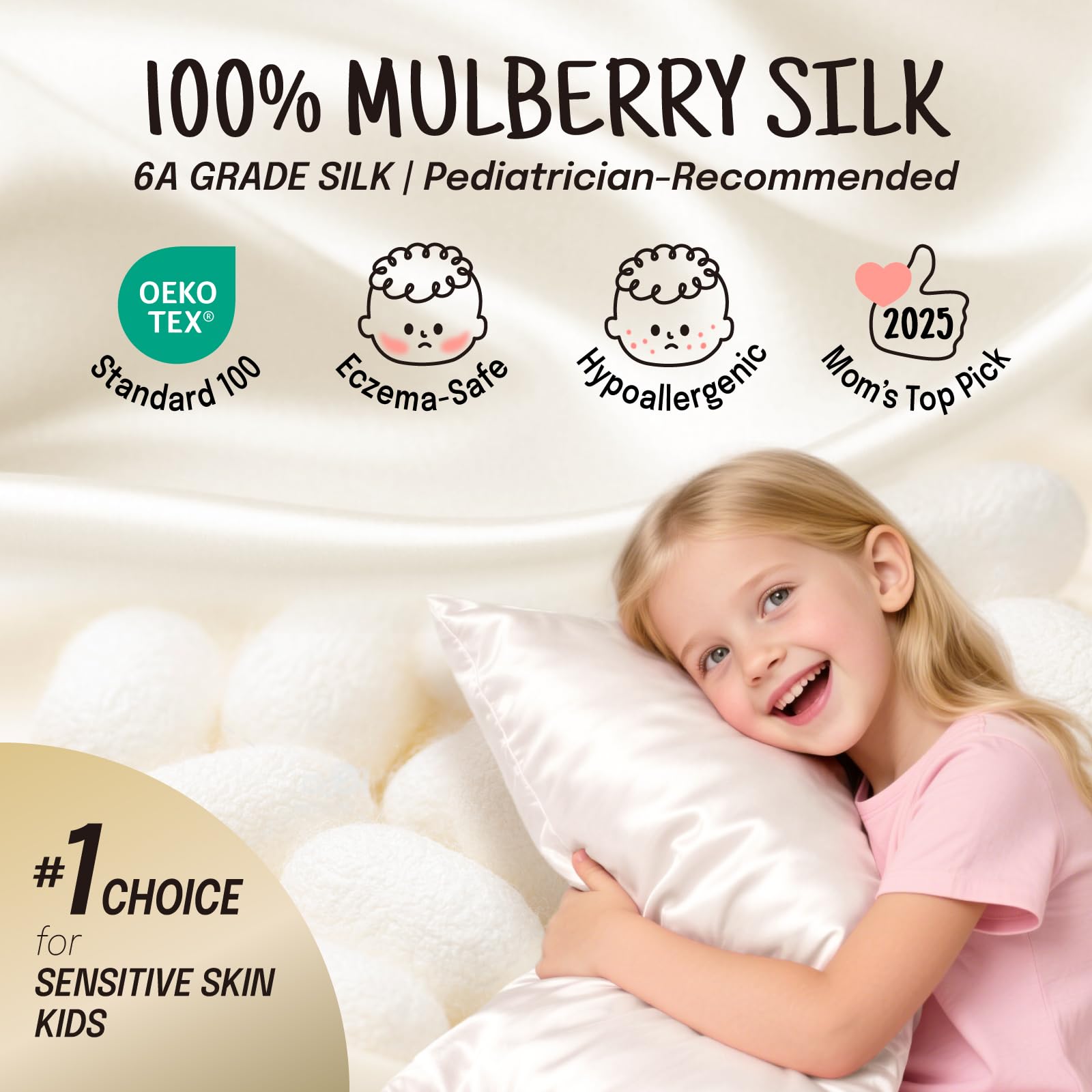 OLESILK toddler pillowcase Ivory surface highlights smooth fibers for anti-tangle hair care.