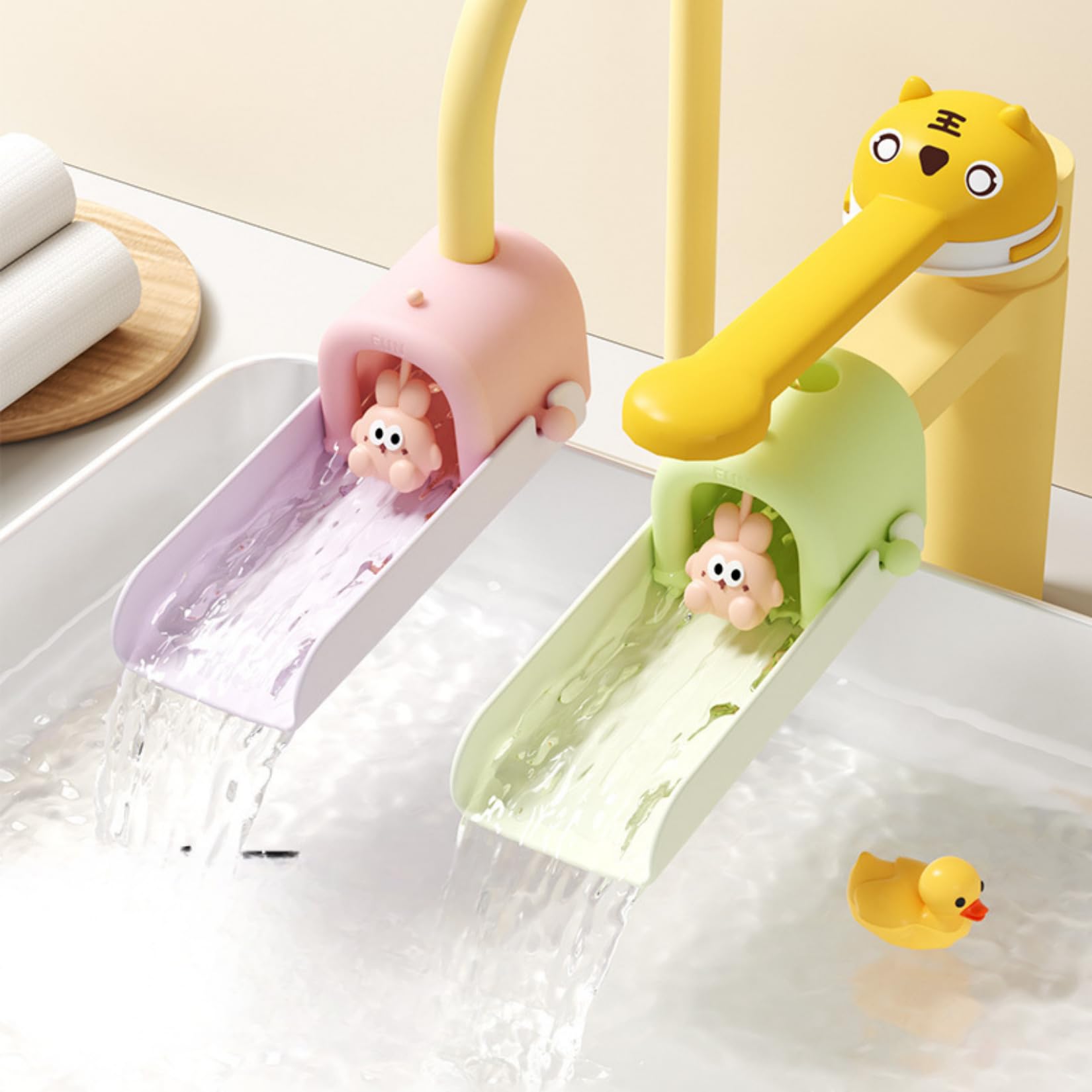 OLEWELL faucet extender green children-handwashing-use shows kid-friendly design at sink