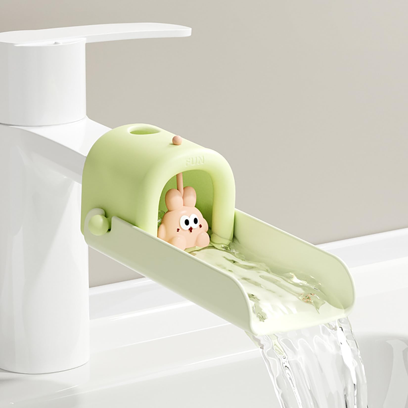 OLEWELL faucet extender green front view enables easy, spill-free handwashing for toddlers