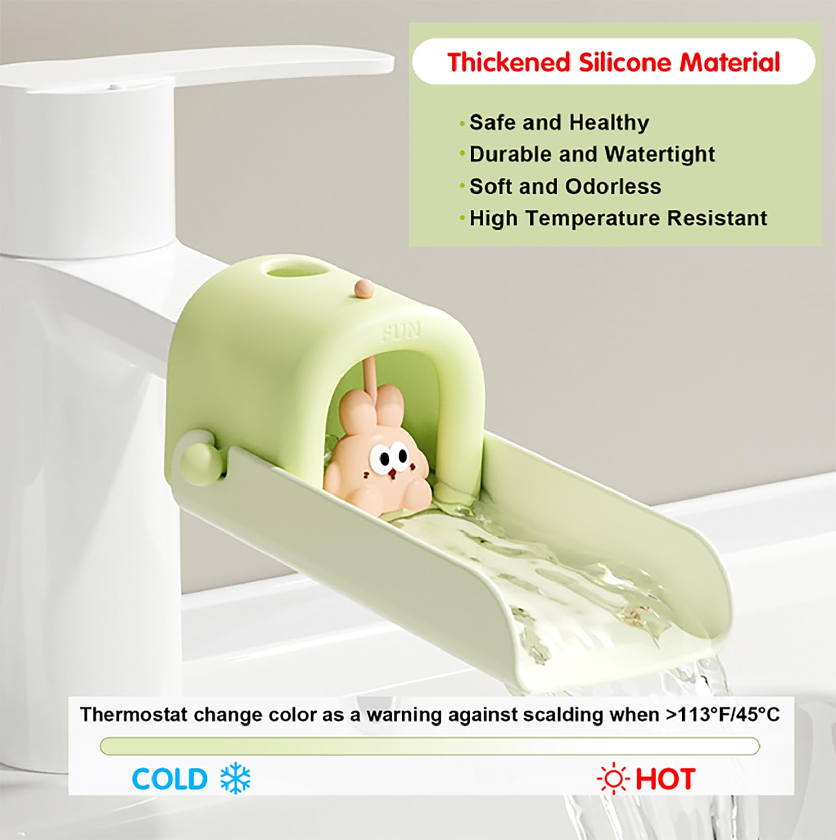 OLEWELL faucet extender green side view shows slim profile and comfortable reach