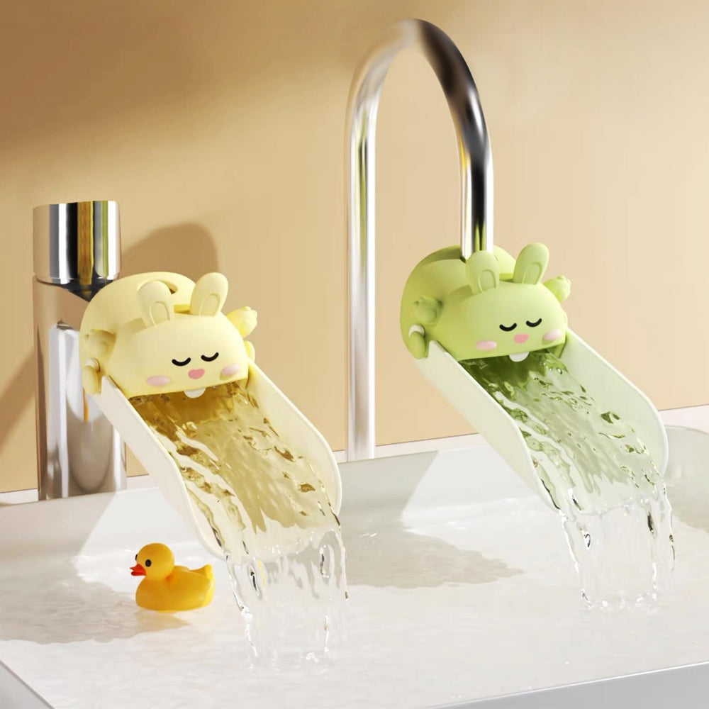 OLEWELL faucet extender yellow-green happy rabbit front view shows temperature alert for safer handwashing