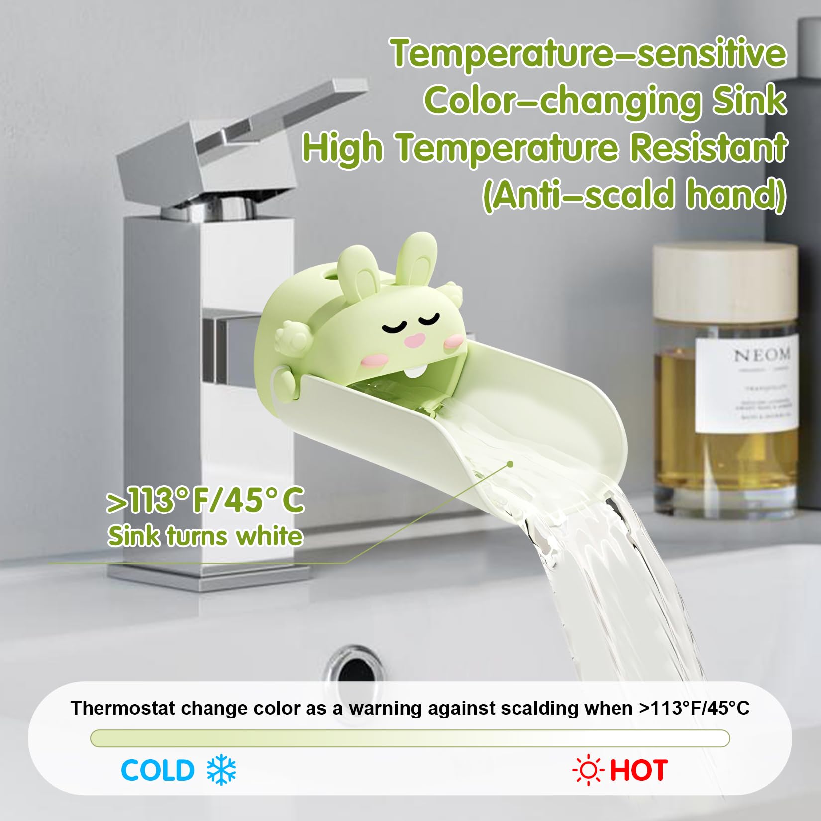 OLEWELL faucet extender yellow-green happy rabbit side view demonstrates versatile faucet fit