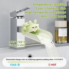 OLEWELL faucet extender yellow-green happy rabbit side view demonstrates versatile faucet fit