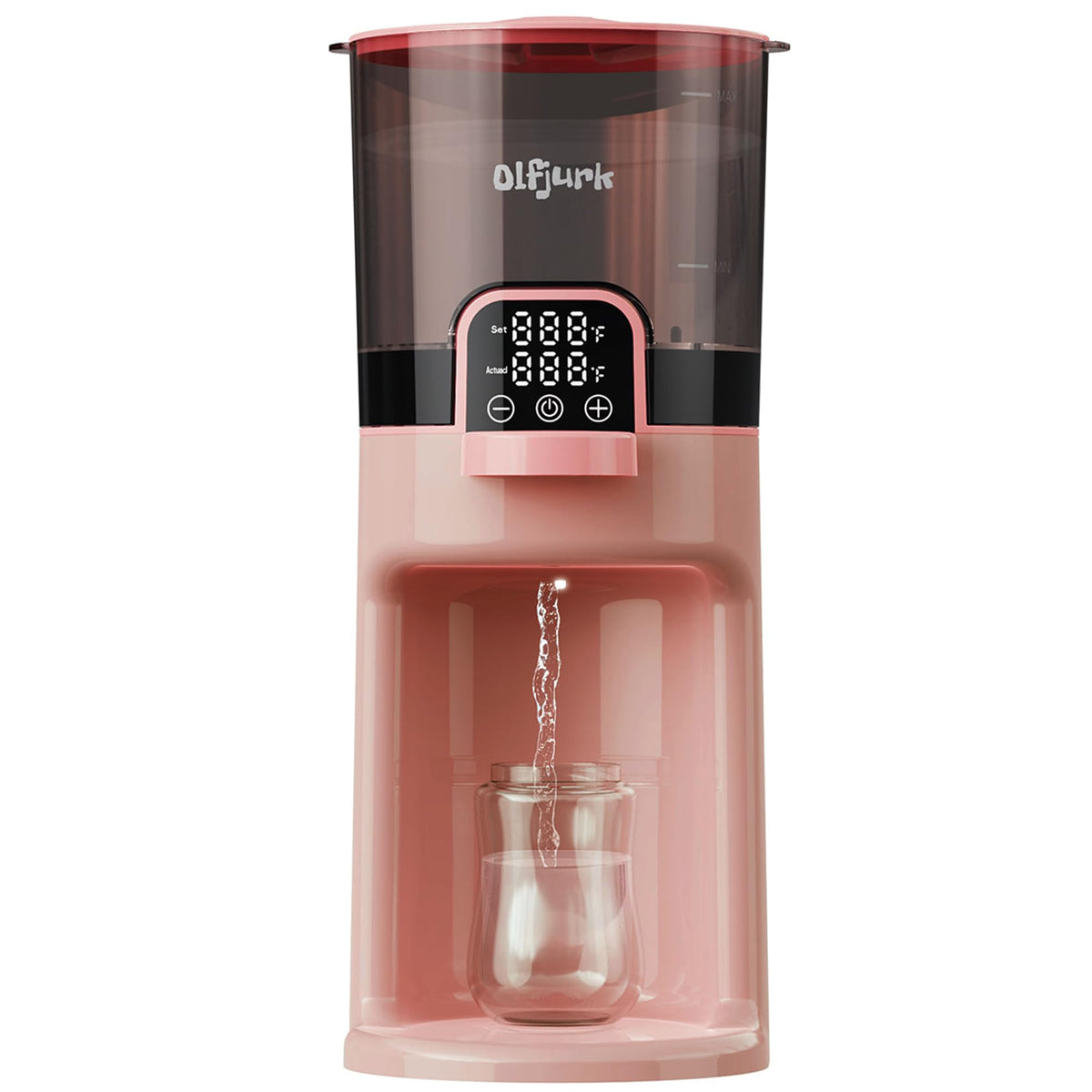 Olfjurk instant baby bottle warmer pink front view for quick bottle prep.