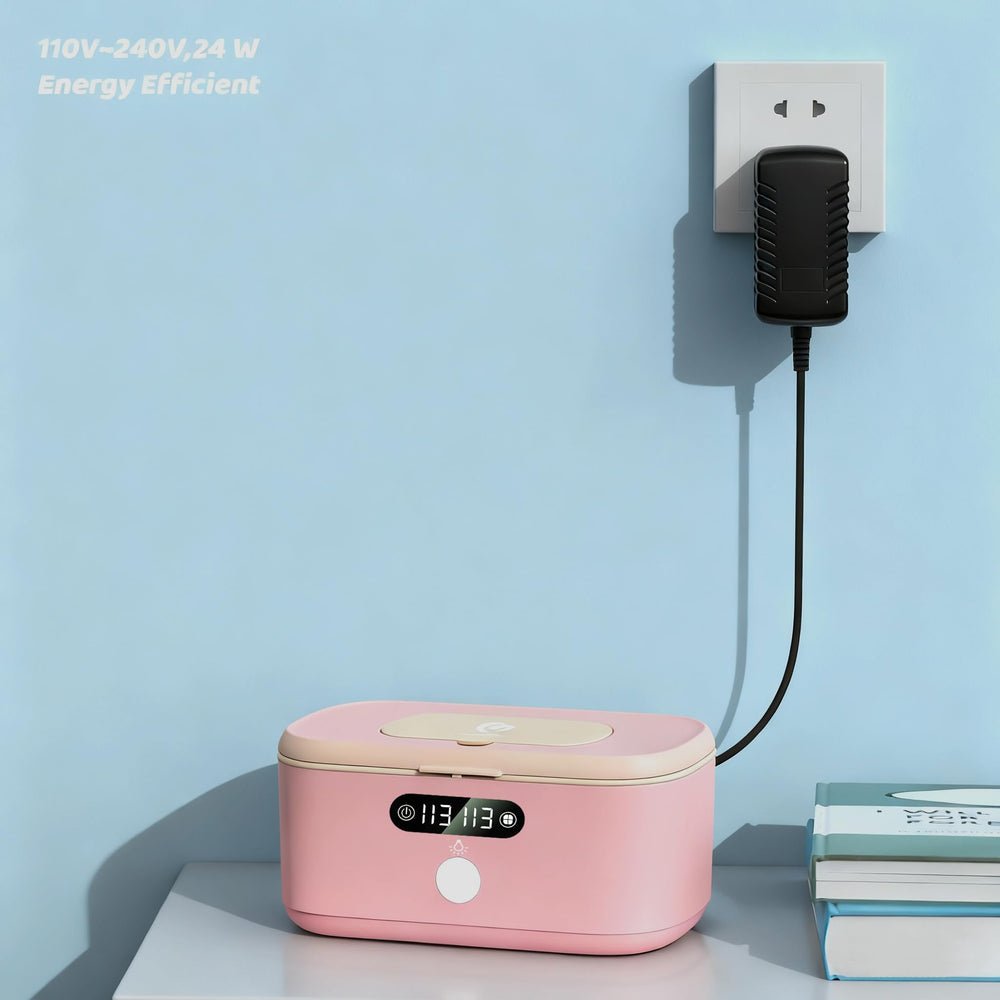 Olfjurk Wipe Warmer beige car adapter setup enables warm wipes on trips.