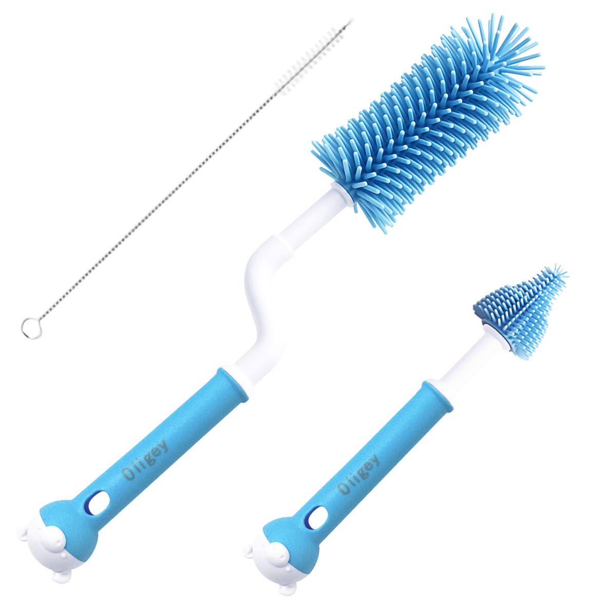 Oligey silicone bottle brush with rotating handle reaches deep corners for thorough cleaning.