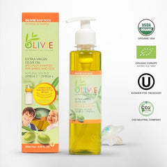 OLIVIE baby olive oil pour showing gentle dosing for meals or formulas.