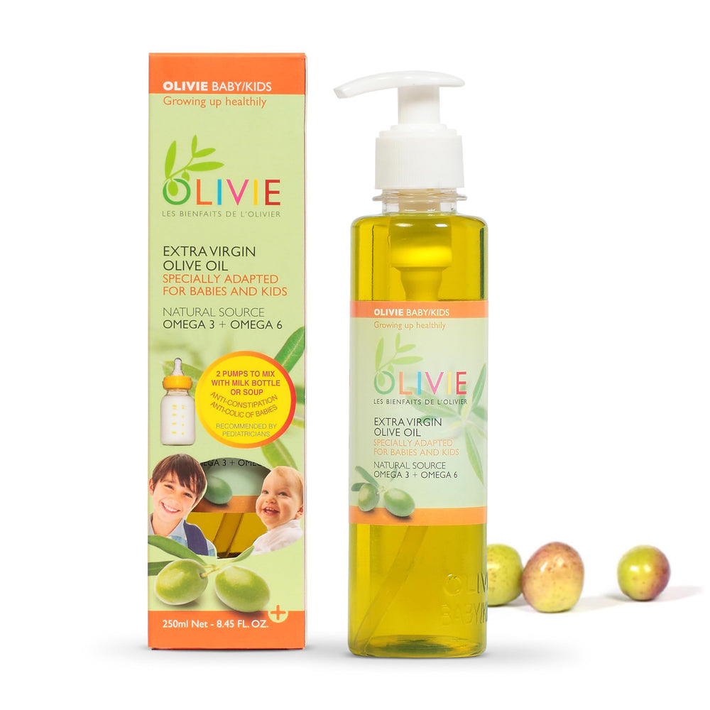OLIVIE calming baby oil bottle for soothing, all-natural newborn skin care.