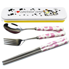 OLizee cow-pattern flatware spoon with ceramic handle, ideal for travel and everyday meals.