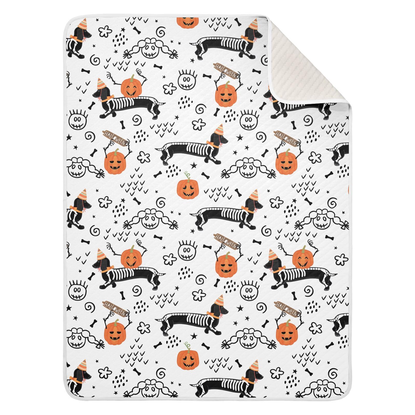 Ollabaky Halloween Dachshund Skeleton blanket closeup shows soft fabric for baby snuggling