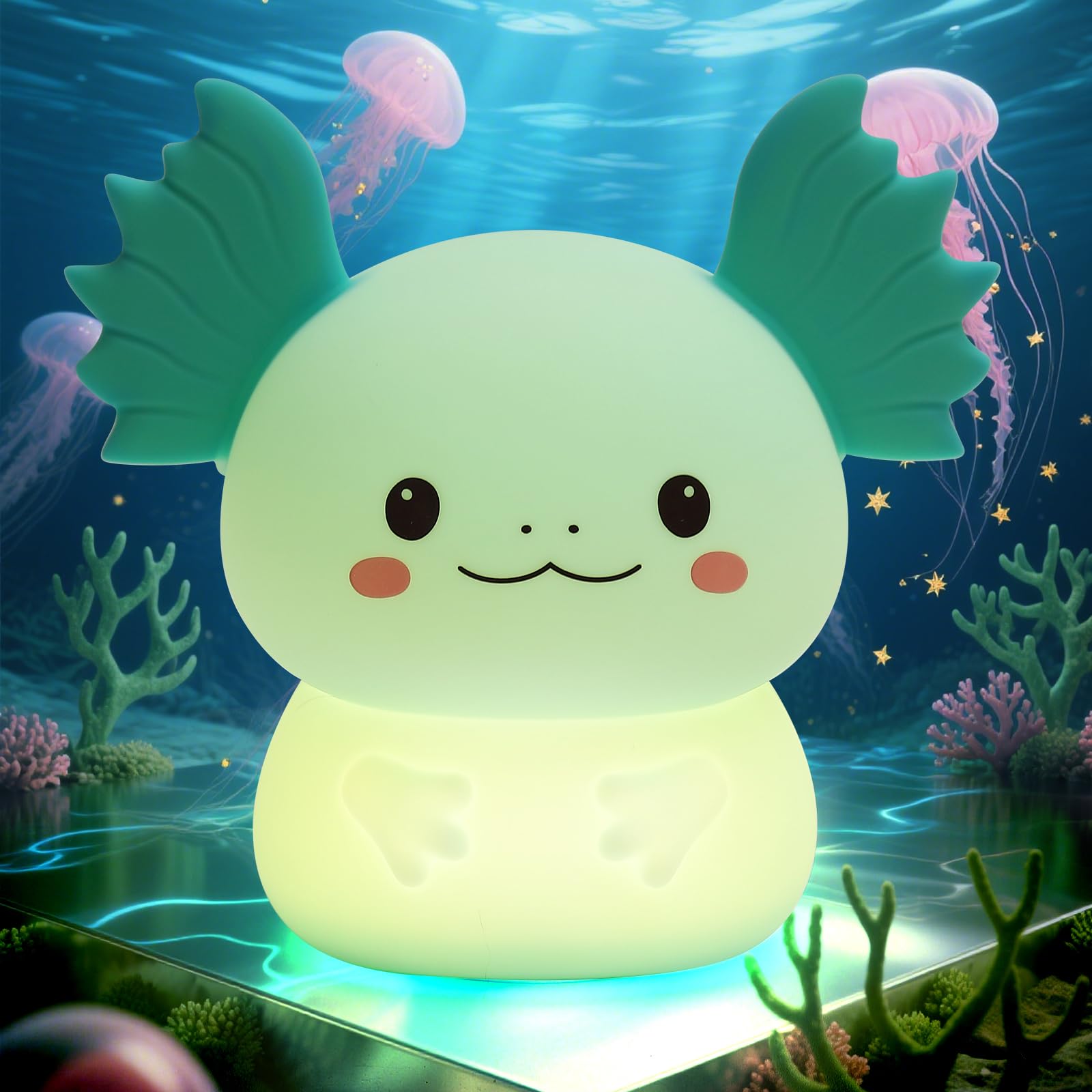 ollycasa Axolotl lamp on bedside table with soft glow for kids' bedtime.
