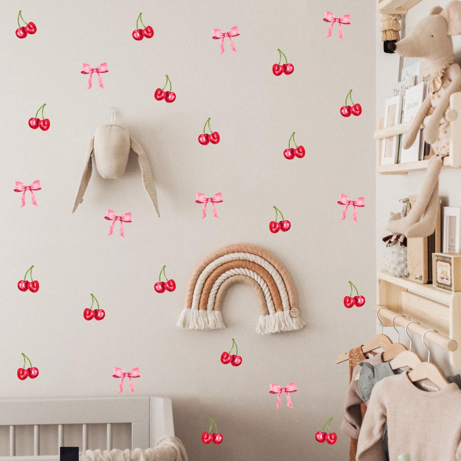OLMXA watercolor cherry wall decals pink bow close-up shows cute bow detail