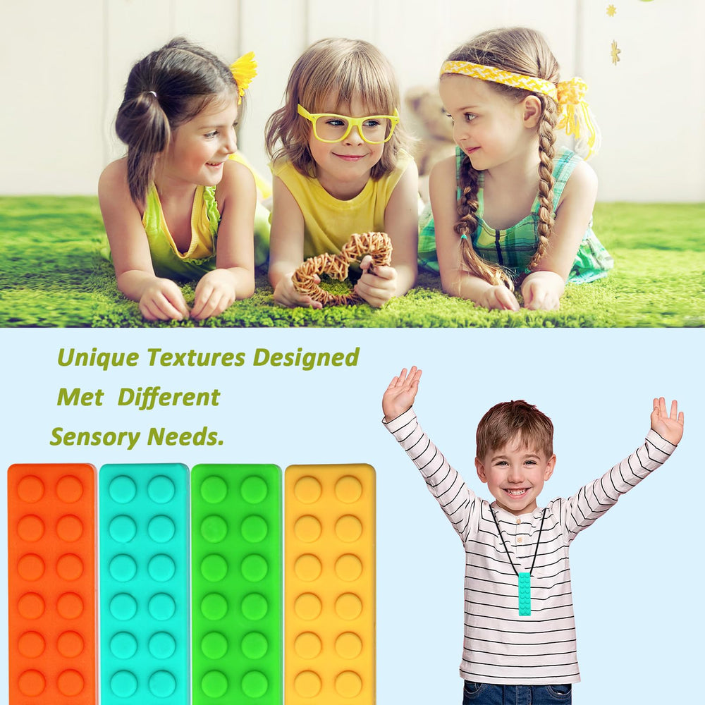 Olugu 7-pack silicone chew necklaces in vibrant colors.