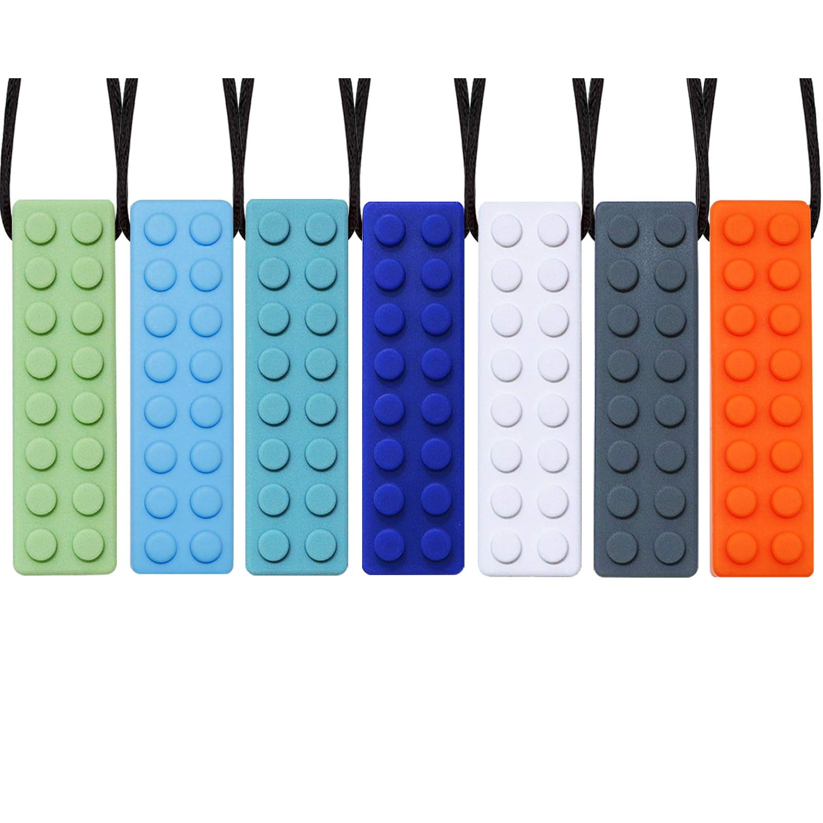 Olugu chewing necklace with blocks provides tactile stimulation for calm focus.