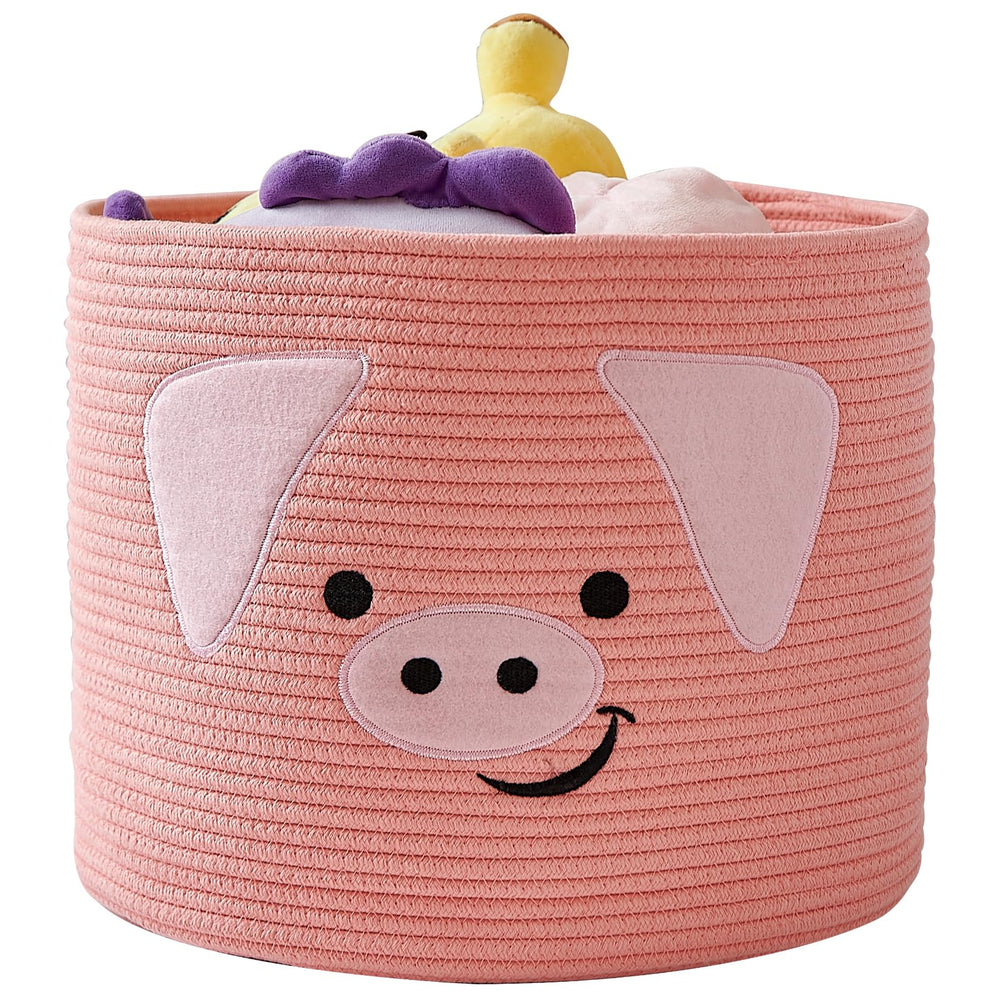 OMERAI pink pig design cotton rope basket for toy storage and nursery decor.