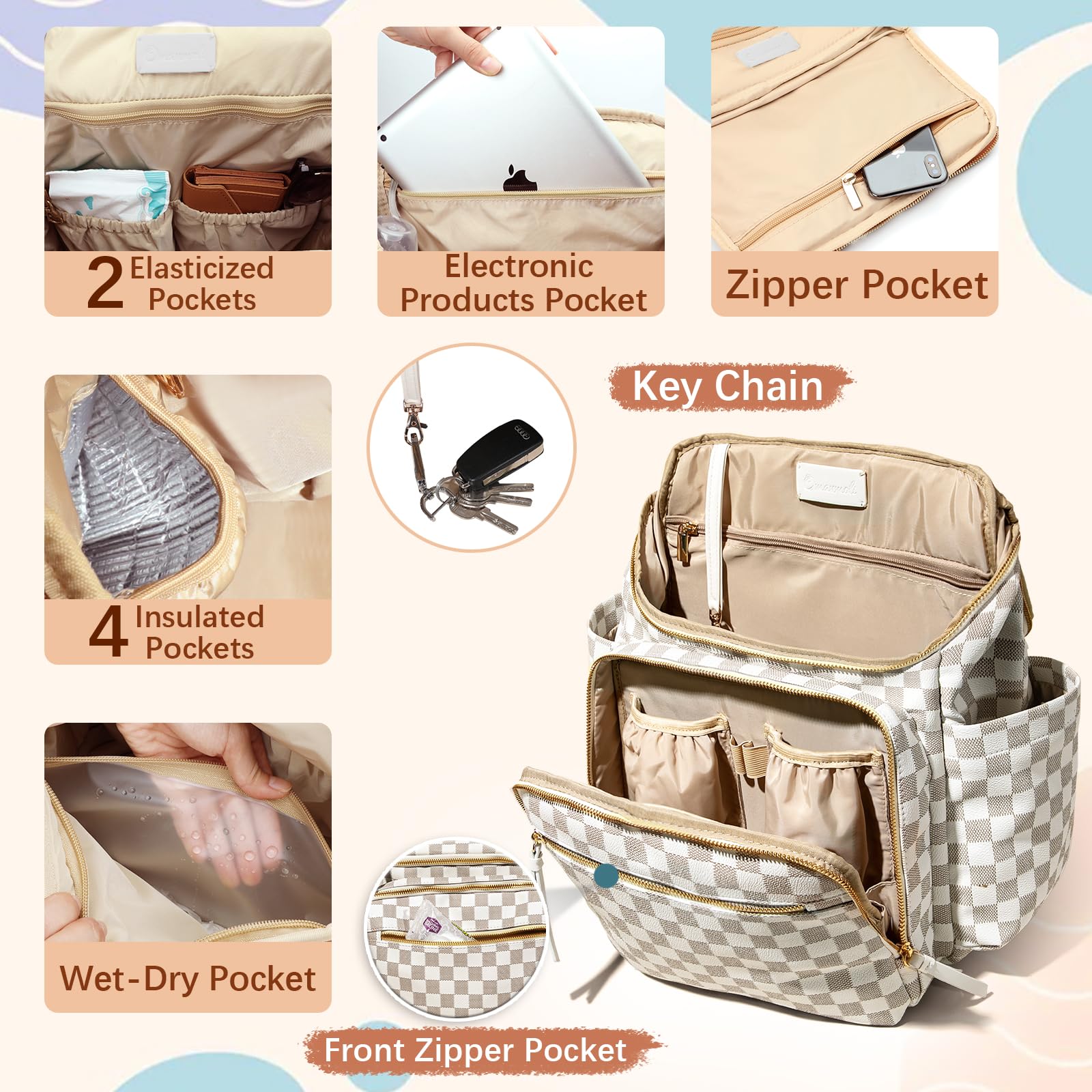 Omanmoli Checkered Diaper Bag Backpack changing pad included on the bag