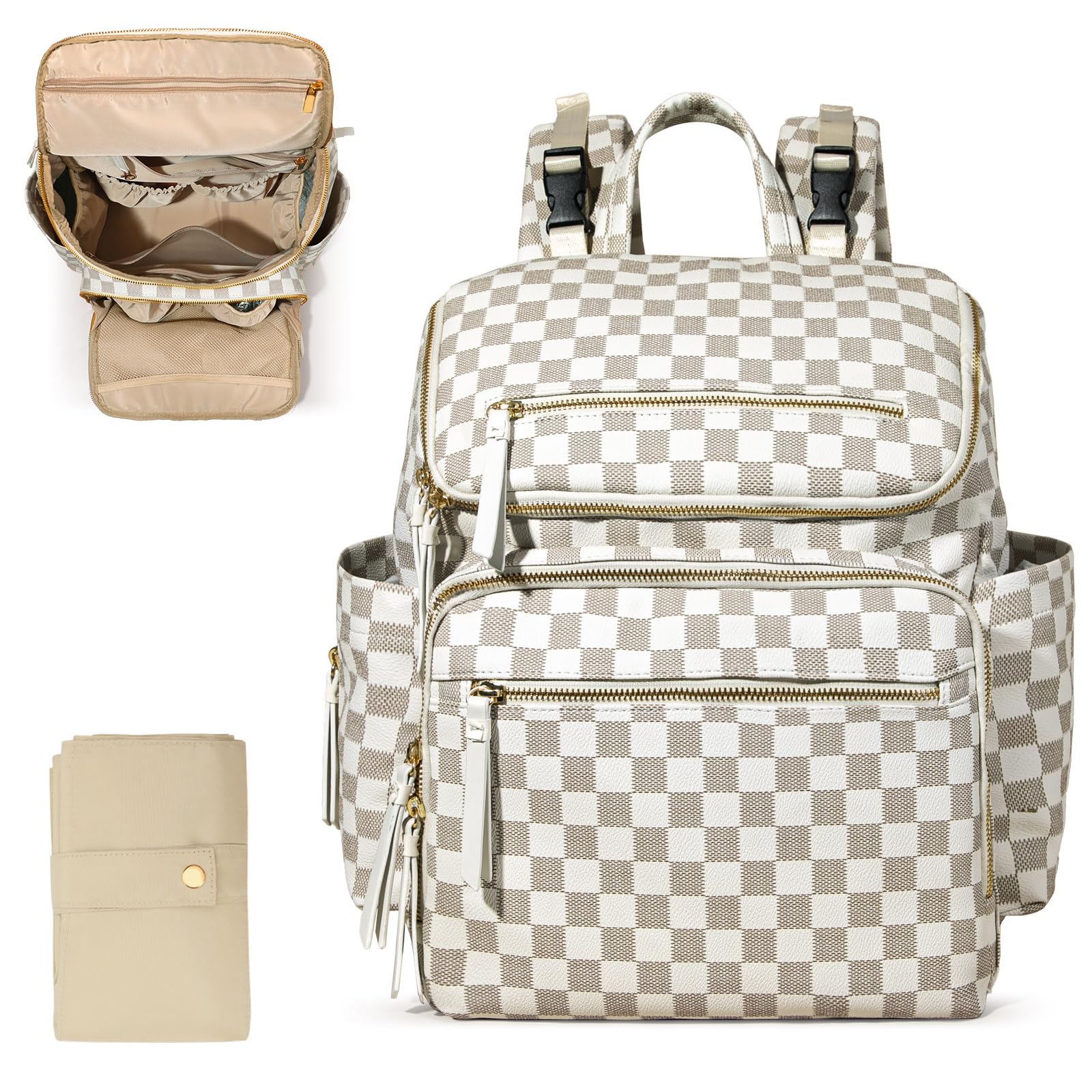 Omanmoli Checkered Diaper Bag Backpack front view in beige honey showing organized appeal