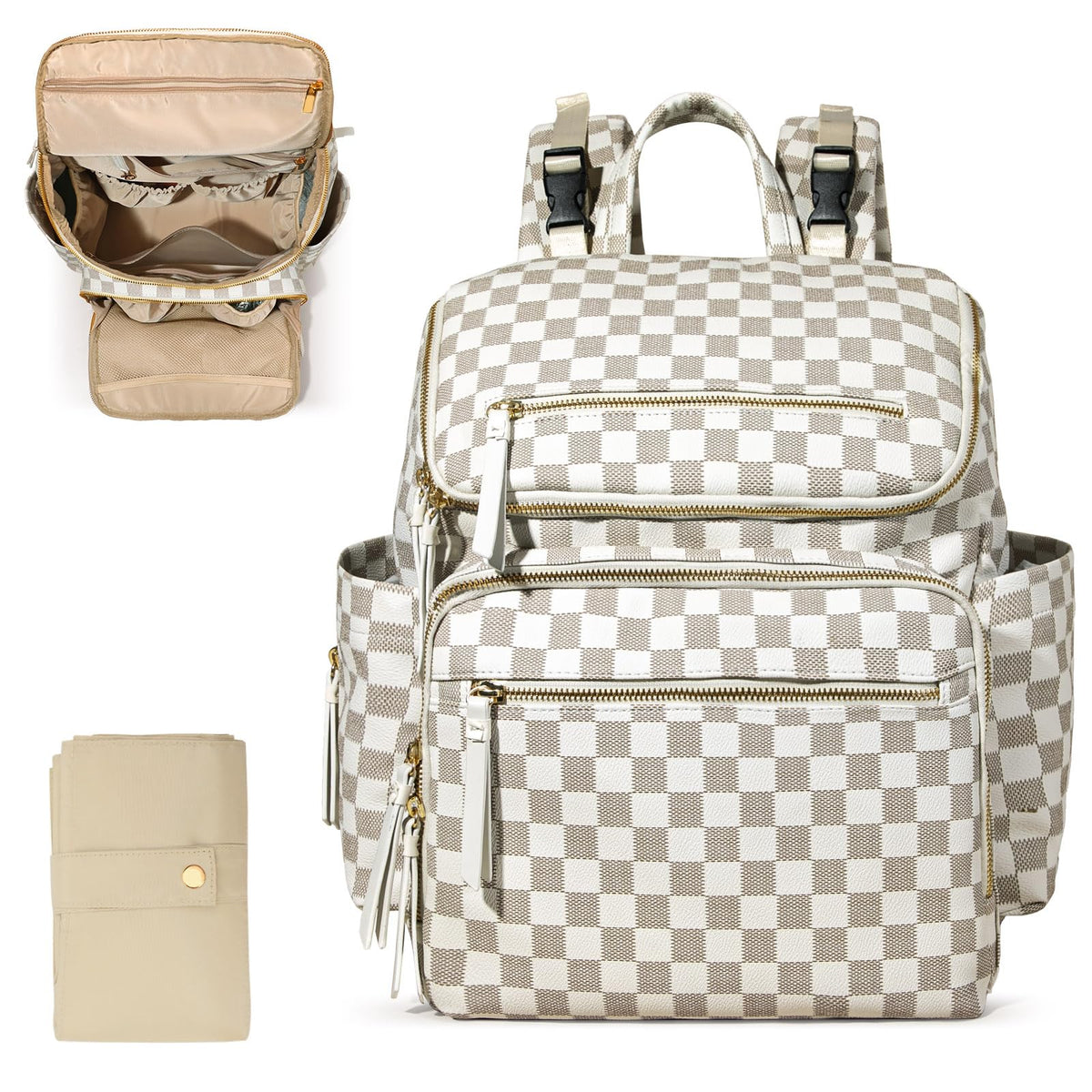 Omanmoli Checkered Diaper Bag Backpack front view in beige honey showing organized appeal