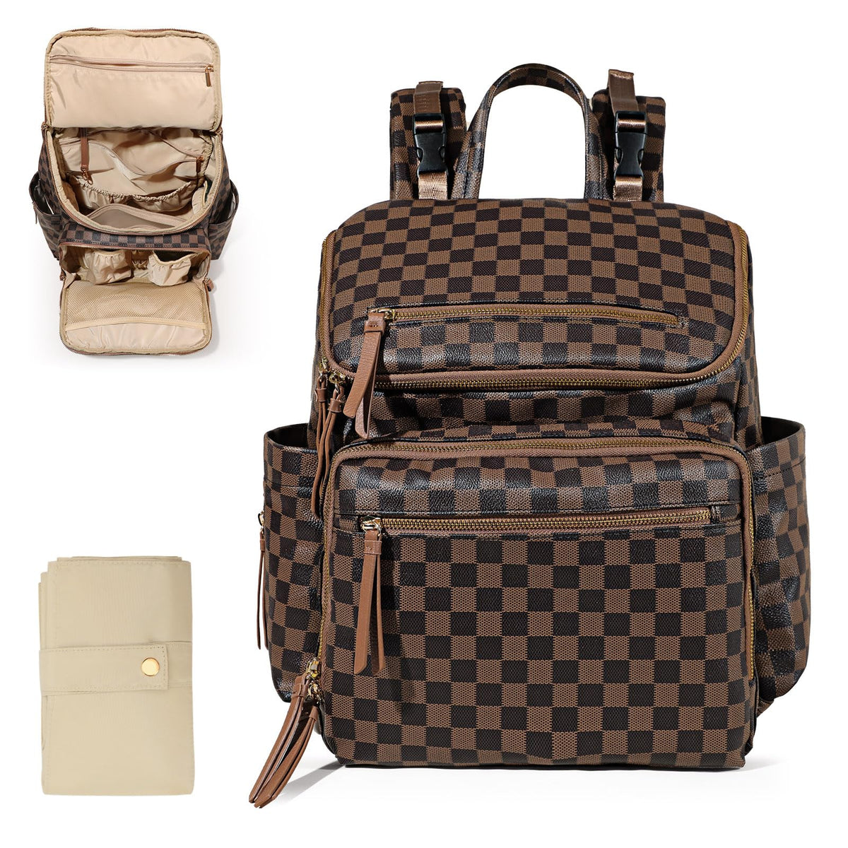 Omanmoli Checkered Diaper Bag Backpack full setup showing organized pockets for easy parenting on the go