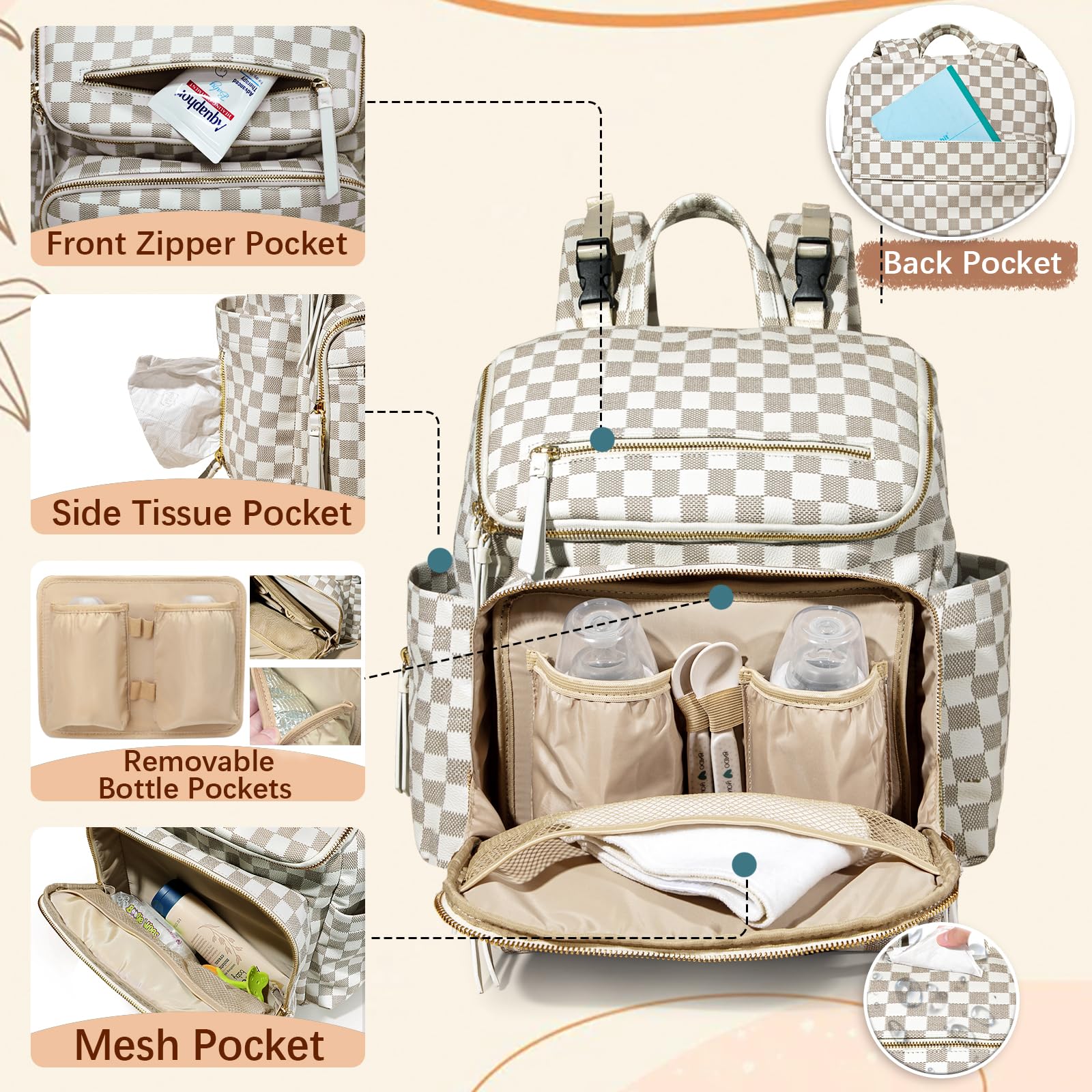 Omanmoli Checkered Diaper Bag Backpack insulated pockets keep bottles ready