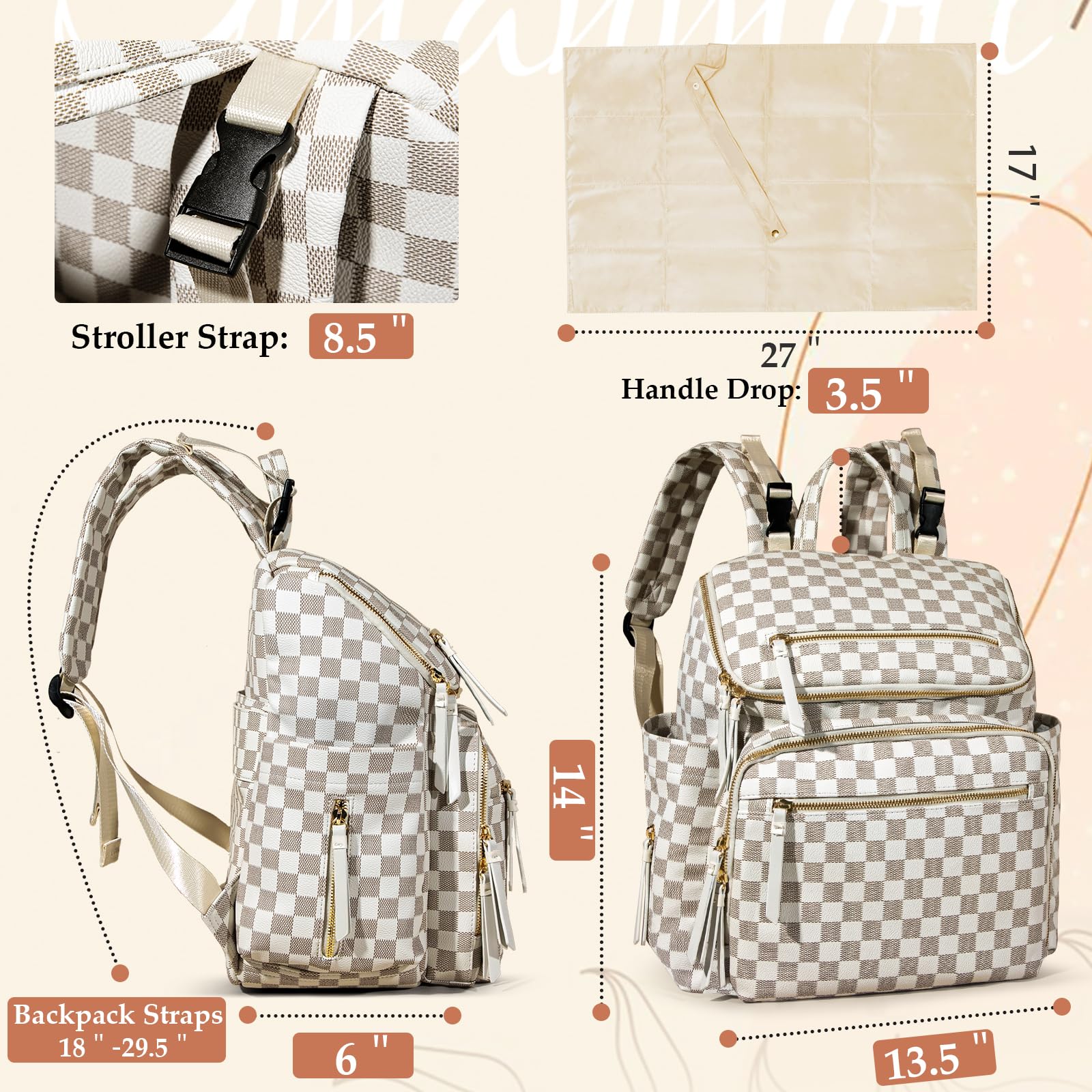 Omanmoli Checkered Diaper Bag Backpack stroller straps for easy attachment