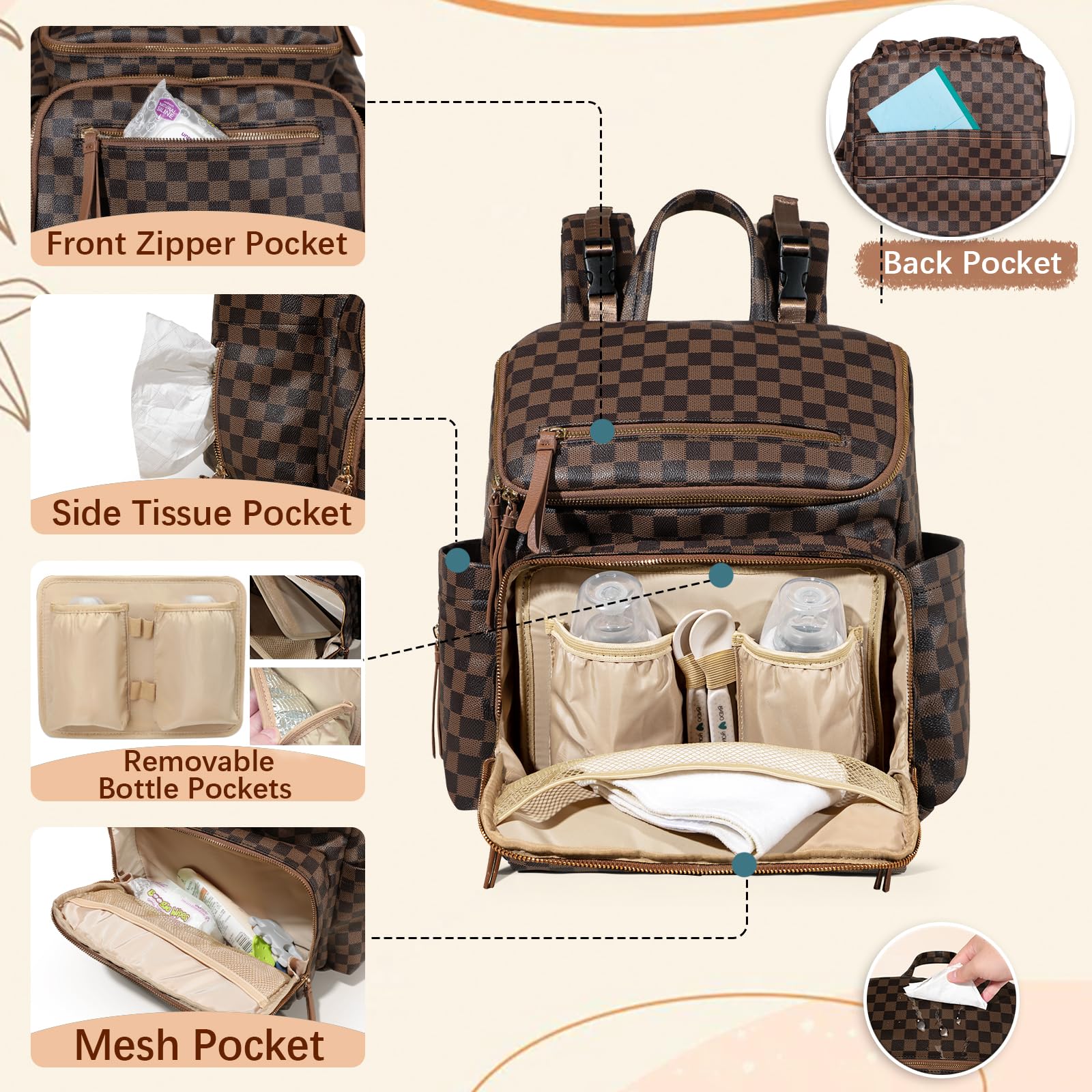 Omanmoli Checkered Diaper Bag changing pad included supports comfortable on-the-go changes