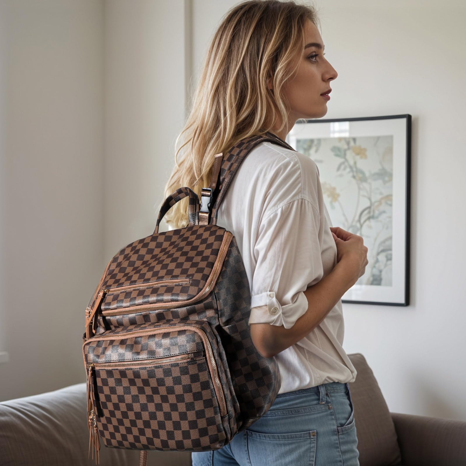 Omanmoli Checkered Diaper Bag insulated pockets open shows temperature-controlled bottle storage