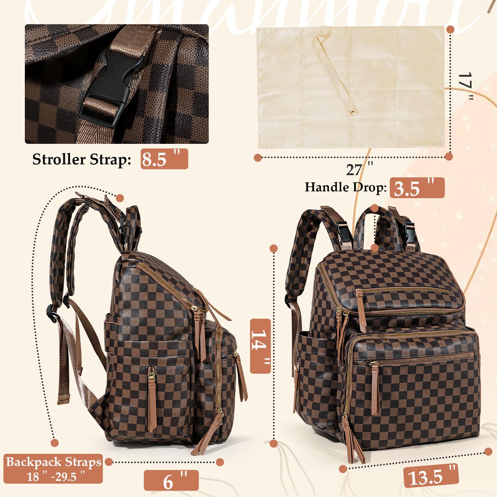 Omanmoli Checkered Diaper Bag leather exterior with gold-tone hardware adds durable style