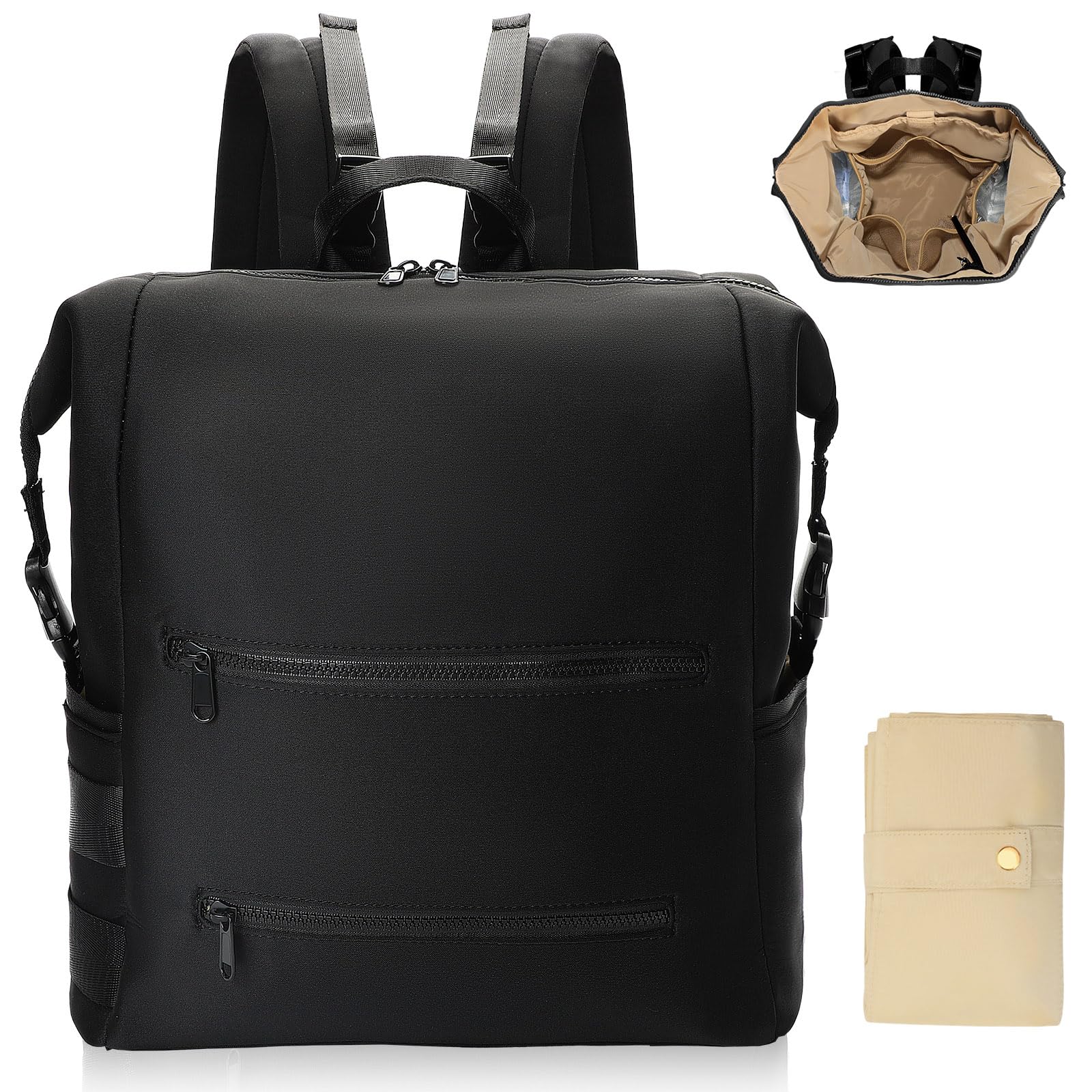 Omanmoli diaper bag backpack front view in black with sleek neoprene for everyday organization.