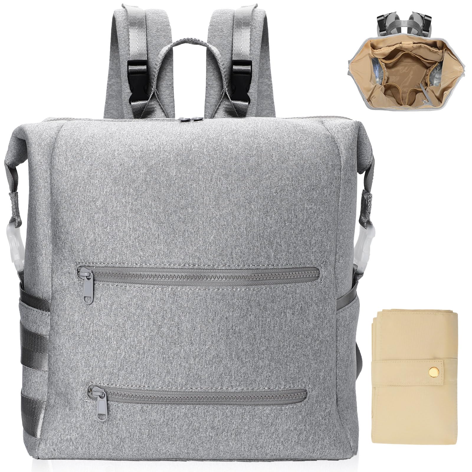 Omanmoli diaper bag backpack front view showing accessible storage and neutral gray design for everyday use