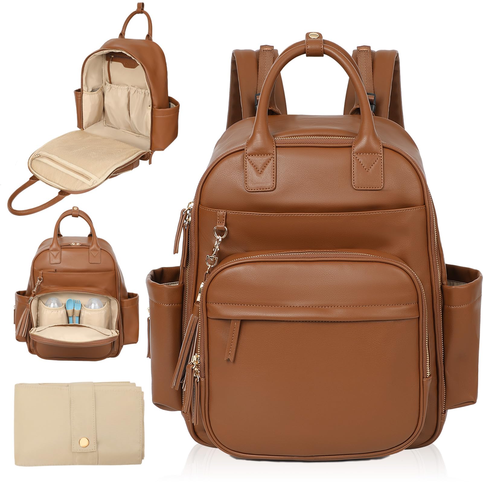 Omanmoli diaper bag backpack shows premium faux leather exterior with gold hardware for stylish on-the-go parenting