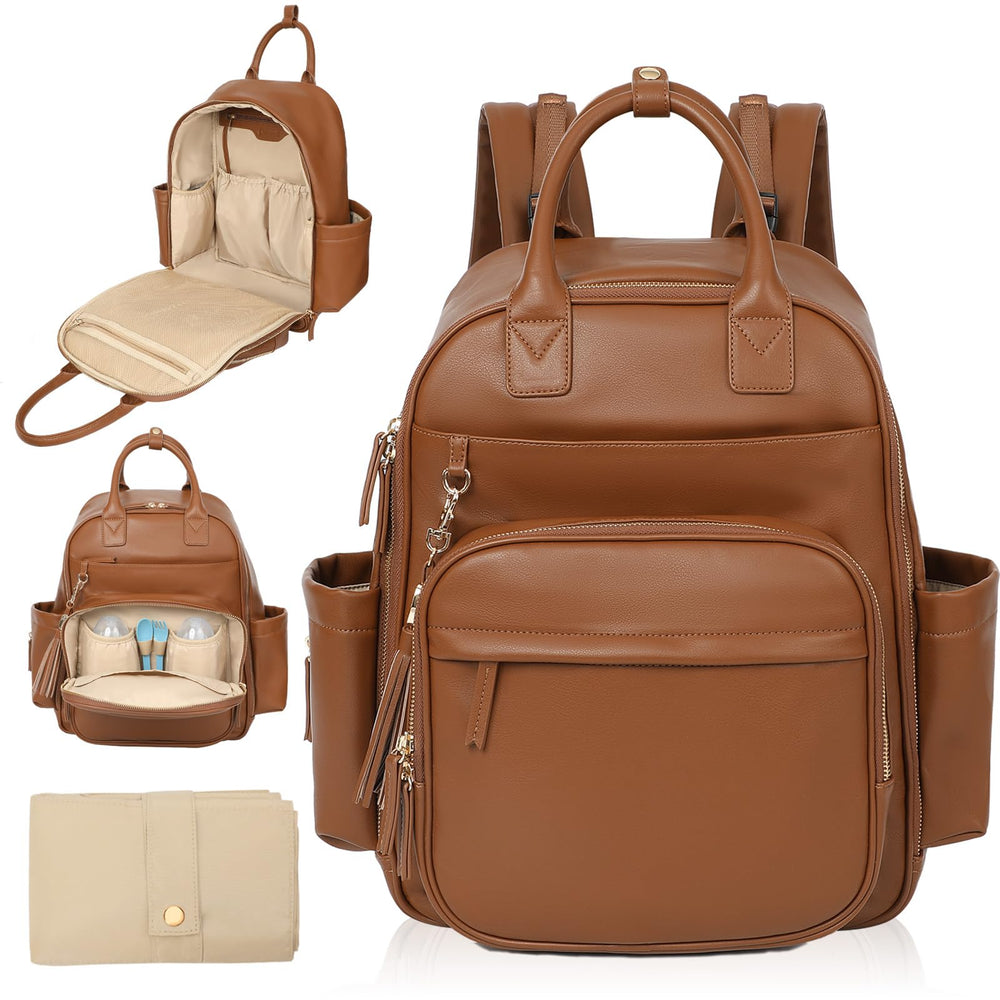 Omanmoli diaper bag backpack shows premium faux leather exterior with gold hardware for stylish on-the-go parenting